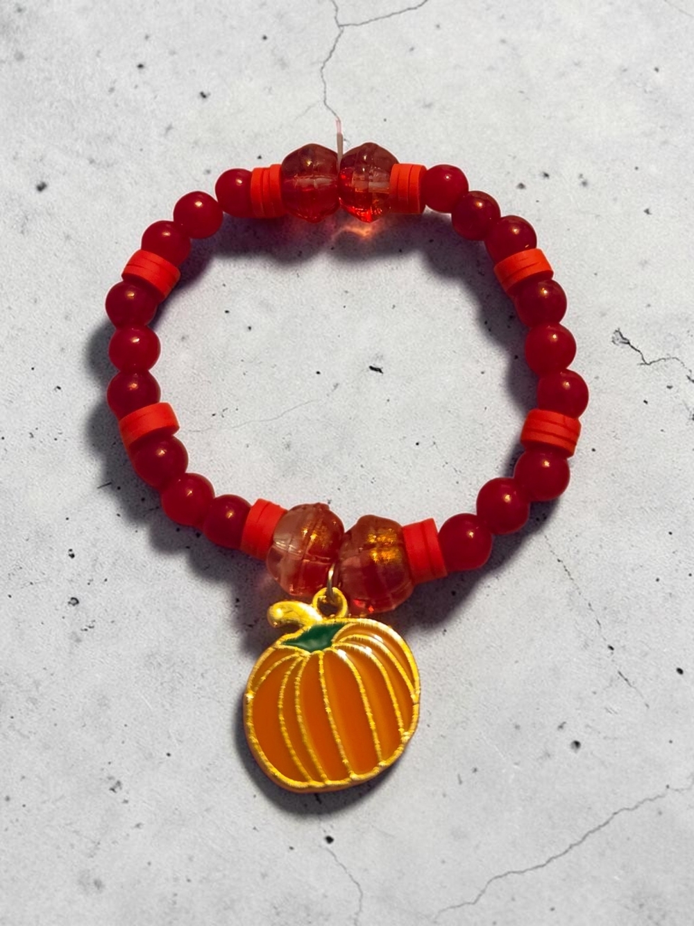 Red Pumpkin Charm Beaded Stretch Bracelet for Kids